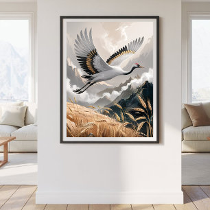 Elegant Flying Crane Over Golden Wheat Landscape   Poster