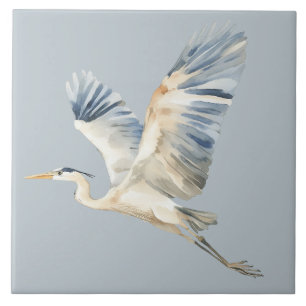 Elegant Flying Heron Dusty Blue Ceramic Tile