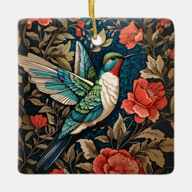 Elegant Flying Hummingbird William Morris Inspired Ceramic Ornament (Front)