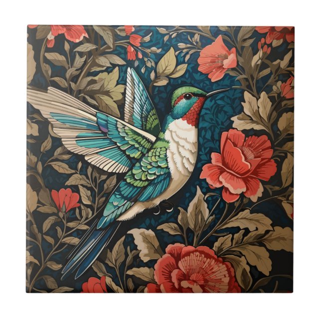 Elegant Flying Hummingbird William Morris Inspired Ceramic Tile (Front)