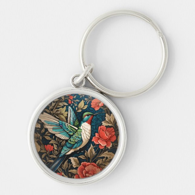 Elegant Flying Hummingbird William Morris Inspired Key Ring (Front)