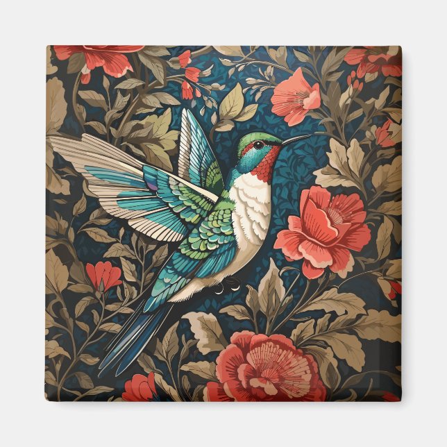 Elegant Flying Hummingbird William Morris Inspired Magnet (Front)