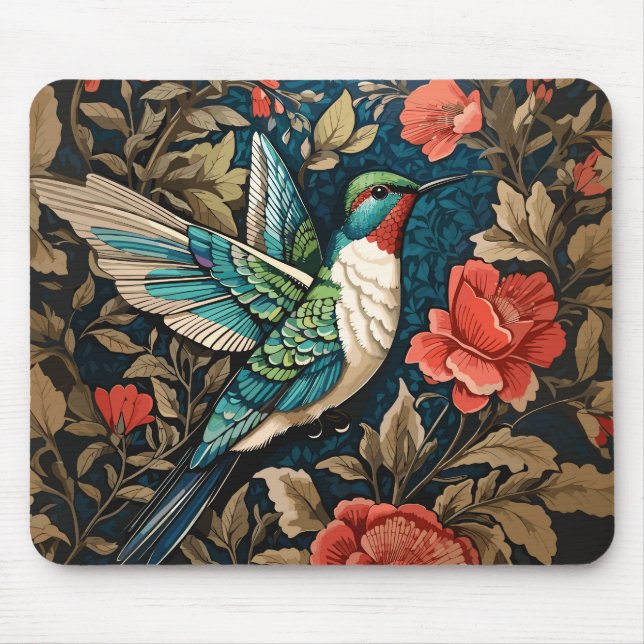 Elegant Flying Hummingbird William Morris Inspired Mouse Pad (Front)