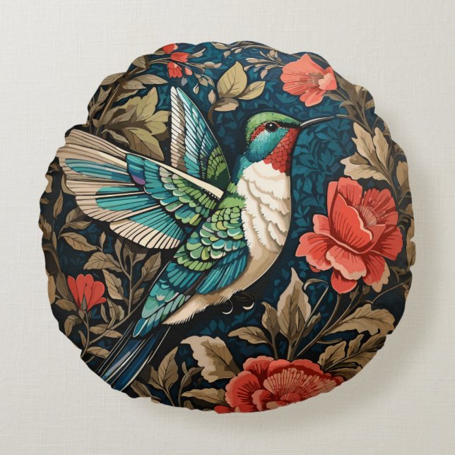 Elegant Flying Hummingbird William Morris Inspired Round Cushion (Front)