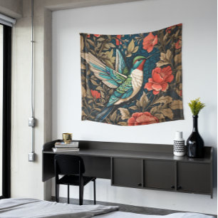 Elegant Flying Hummingbird William Morris Inspired Tapestry
