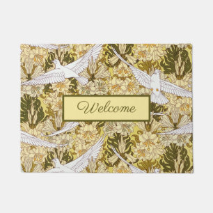 Elegant Flying White Doves Green Foliage Doormat