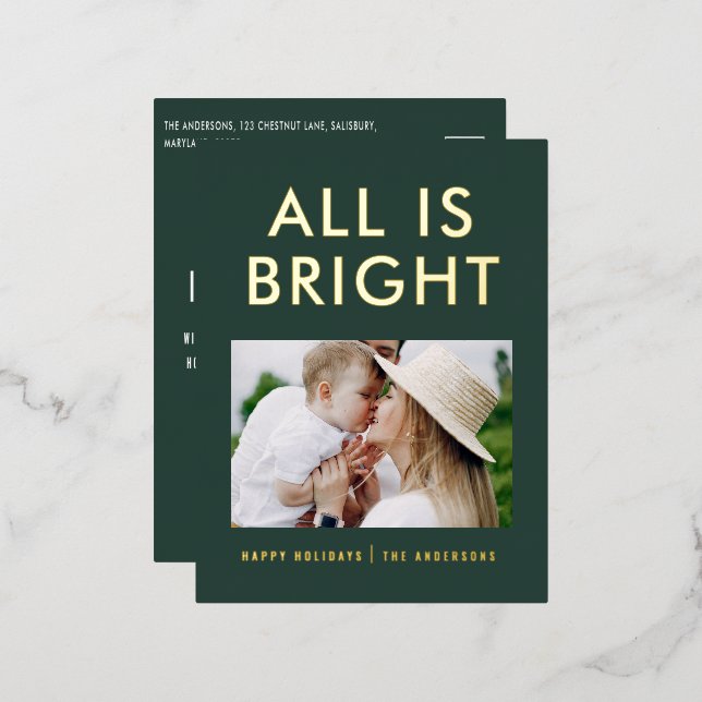 elegant foil 1 photo modern foil holiday postcard (Front/Back)