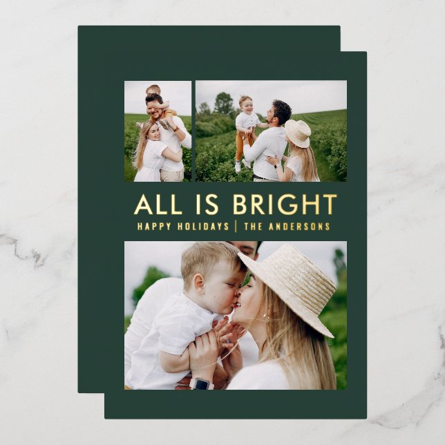 elegant foil 3 photo modern foil holiday card (Front/Back)