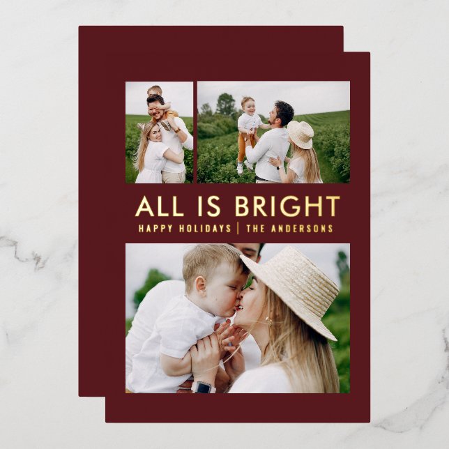 elegant foil 3 photo modern foil holiday card (Front/Back)