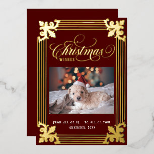 Elegant foil frame on burgundy photo script holiday card