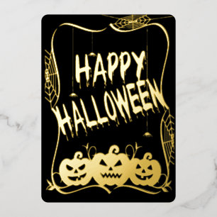 Elegant Foil Happy Halloween Jack O Lanterns Holiday Card