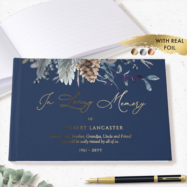 Elegant Foil In Loving Memory, Blue Floral Funeral Guest Book (Creator Uploaded)