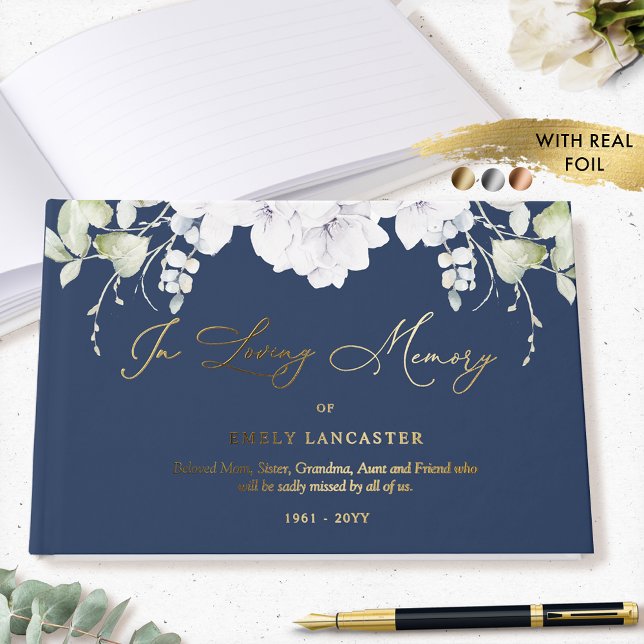 Elegant Foil In Loving Memory White Floral Funeral Guest Book (Creator Uploaded)