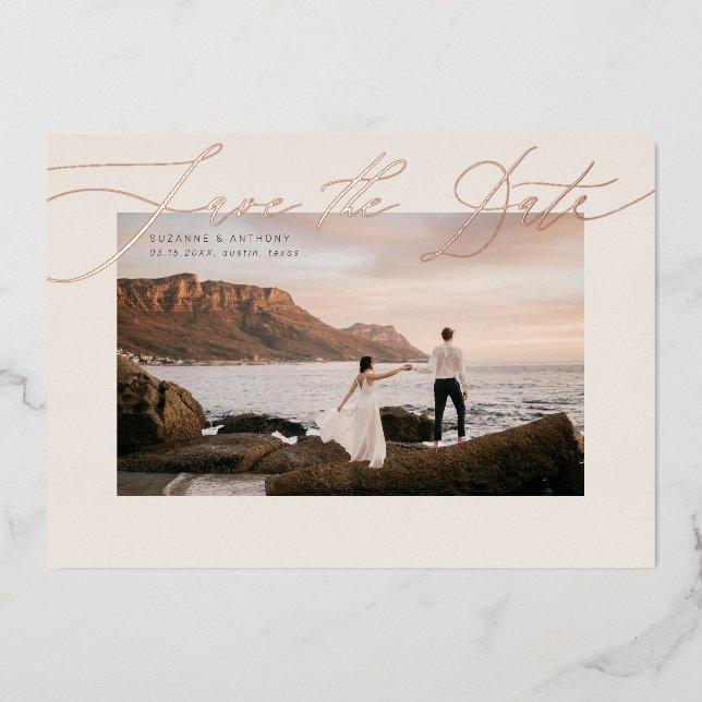 Elegant Foil Pressed Save The Date On Photo (Front)