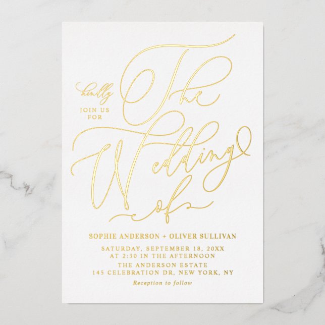 Elegant Foil Pressed Whimsical Calligraphy Wedding (Front)