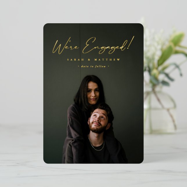 Elegant Foil Script Engagement Photo Announcement (Standing Front)