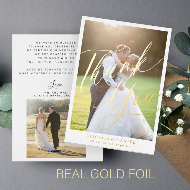 Elegant foil script photo wedding thank you card (Creator Uploaded)