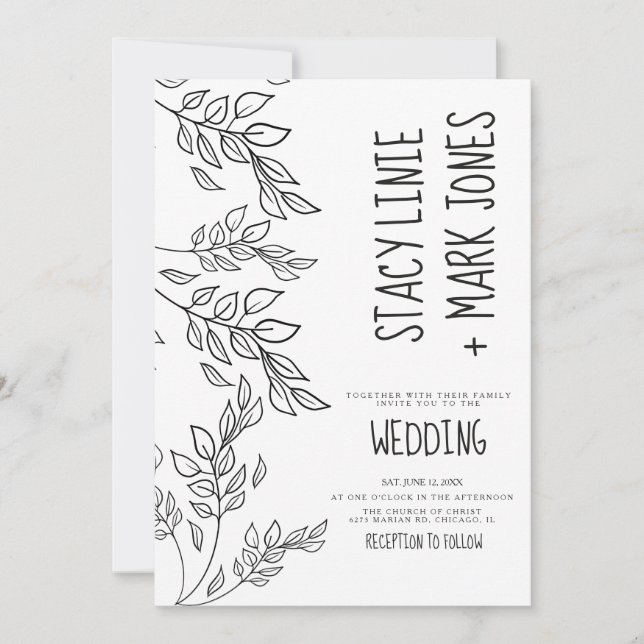 Elegant Foilage Hand Drawn Black Script Wedding Invitation (Front)