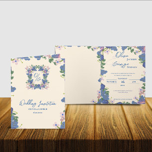 Elegant Folded Blue Purple Floral Monogram Wedding Invitation