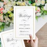 Elegant Folding Wedding Program Solid Gold Border<br><div class="desc">This program is an 8.5 x 11 page that requires you to fold it to assemble.  The gold border is a solid matte colour. Classic understated black and white wedding program with a modern touch featuring the elegant script of the word "Wedding" on the outside "cover" and gold border.</div>