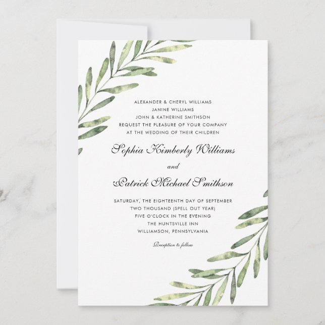 Elegant foliage | 3 sets parents hosting wedding invitation (Front)