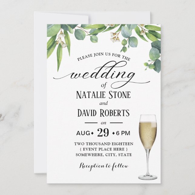 Elegant Foliage Champagne Glass Botanical Wedding Invitation (Front)