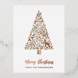 Elegant Foliage Christmas Tree Little Deer Foil Holiday Postcard