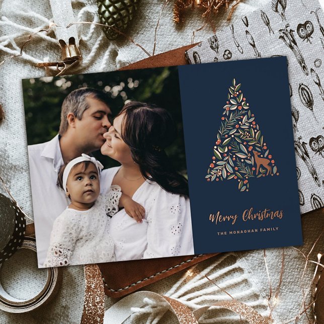Elegant Foliage Christmas Tree | Navy | Photo  Foil Holiday Card (Creator Uploaded)