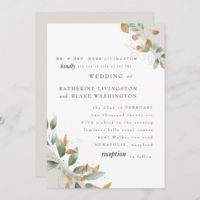 Elegant Foliage Cream Bride Parents Wedding Matte Invitation (Front/Back)