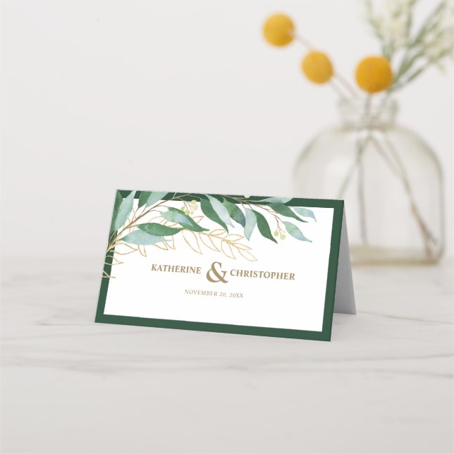 Elegant Foliage Forest Green Gold Wedding  Place Card (Front)