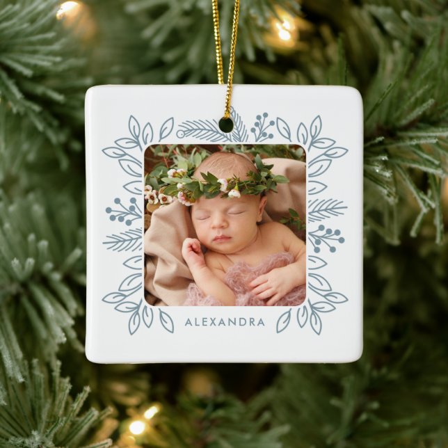 Elegant Foliage Frame First Christmas Blue Photo Ceramic Ornament (Tree)