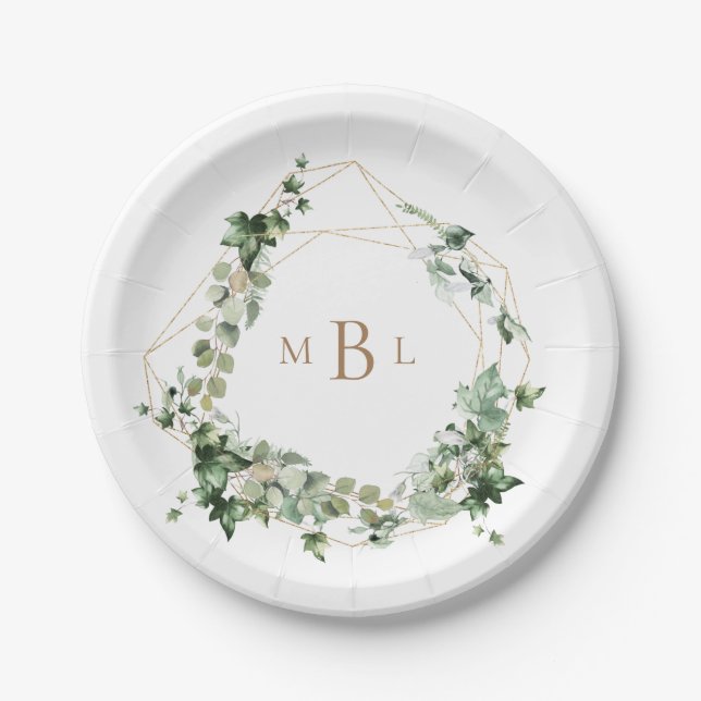 Elegant Foliage Gold Geometric Monogram Wedding Paper Plate (Front)
