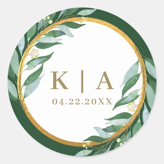 Elegant Foliage Gold Leaf Green Monogram Wedding Classic Round Sticker (Front)