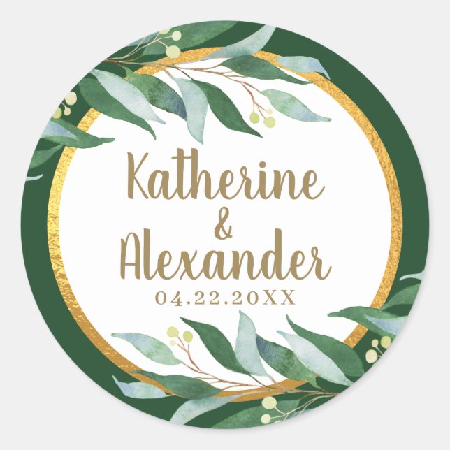 Elegant Foliage Gold Leaf Green Wedding Monogram Classic Round Sticker (Front)