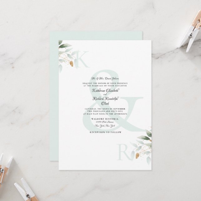 Elegant Foliage & Gold Sea Glass Wedding Invitation (Front/Back In Situ)