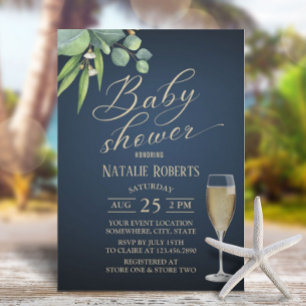 Elegant Foliage Gold Typography Navy Baby Shower Invitation