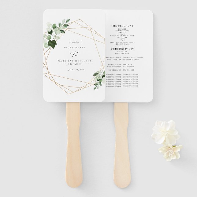 Elegant Foliage & Gold Wedding Program Hand Fan (Front and Back)