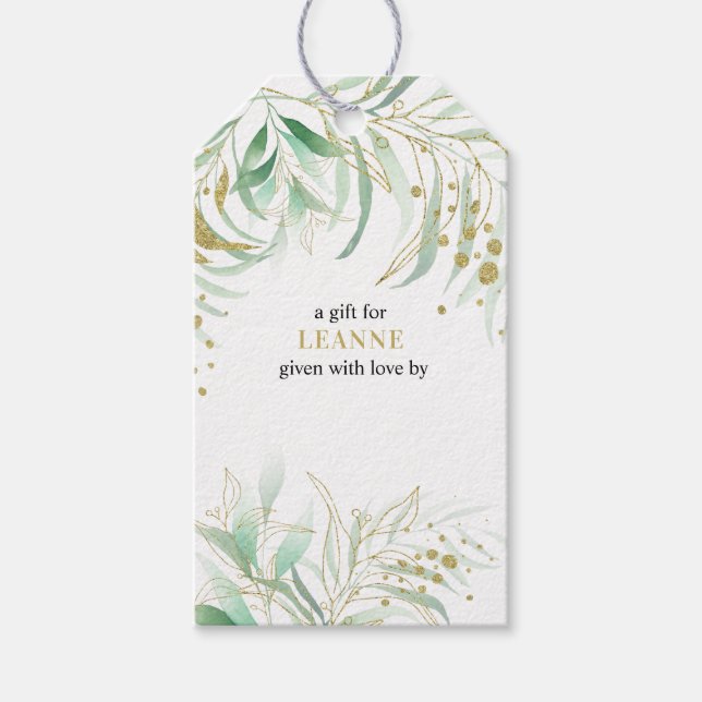 Elegant Foliage Green and Gold Display Shower Gift Tags (Front)