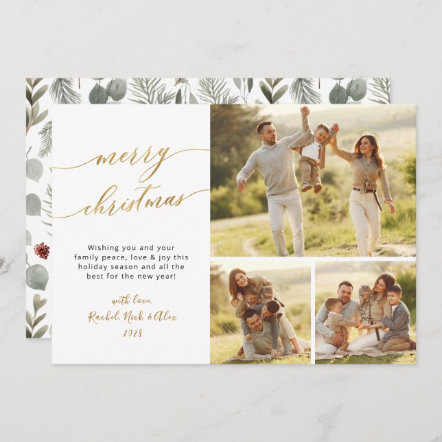 Elegant Foliage Greenery 3 Multi Photo Christmas Holiday Card (Front/Back)