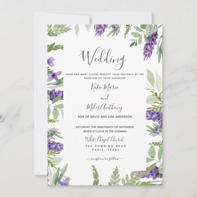 Elegant Foliage & Lavender Wedding Invitation (Front)