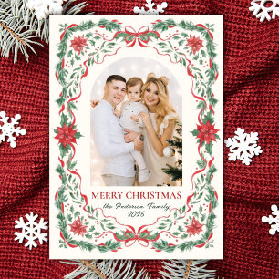 Elegant Foliage Red Bow Arch Photo Christmas Holiday Card