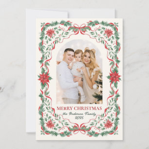 Elegant Foliage Red Bow Arch Photo Christmas Holiday Card