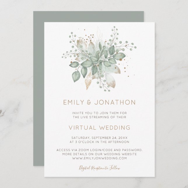 Elegant Foliage Sage Virtual Wedding Invitation (Front/Back)