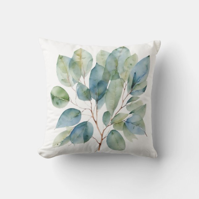 Elegant foliage watercolor green teal botanical cushion (Front)