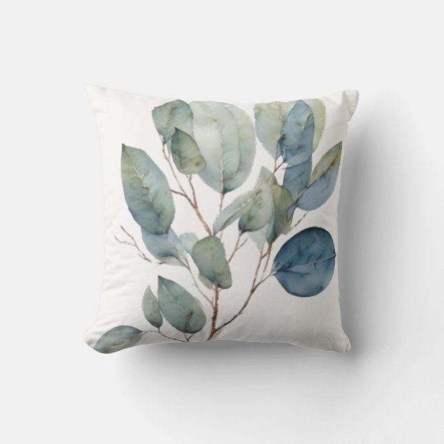 Elegant foliage watercolor green teal leaf patern cushion (Front)
