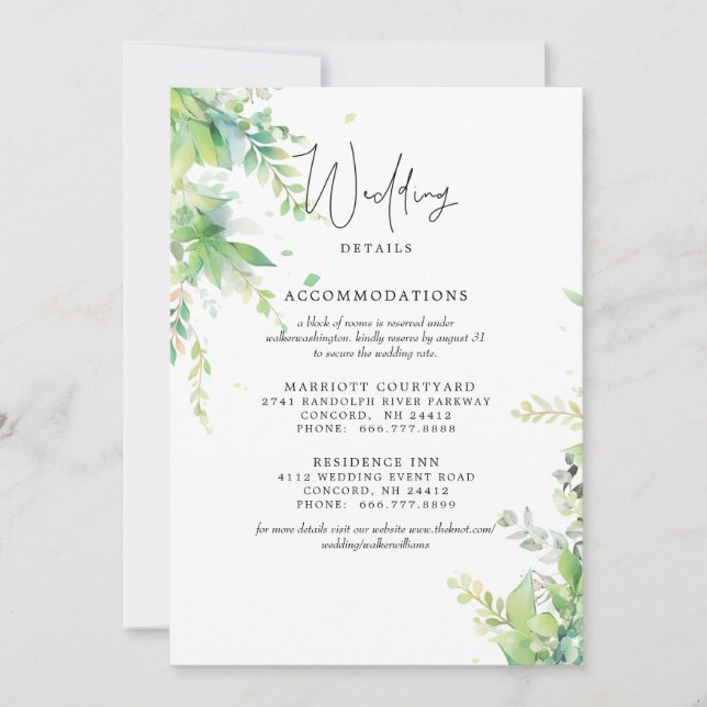 Elegant Foliage Wedding 2 Hotels Details  Invitation (Front)