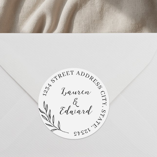 Elegant Foliage Wedding Address Classic Round Sticker (Creator Uploaded)