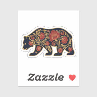 Elegant Folk Art Bear | Red & Gold Floral Silhouet
