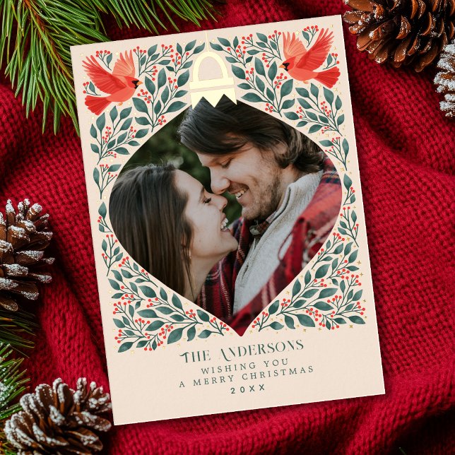 Elegant Folk Art Cardinal Christmas Foliage Photo  Foil Holiday Card (Creator Uploaded)