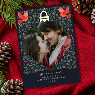 Elegant Folk Art Cardinal Christmas Foliage Photo  Foil Holiday Card